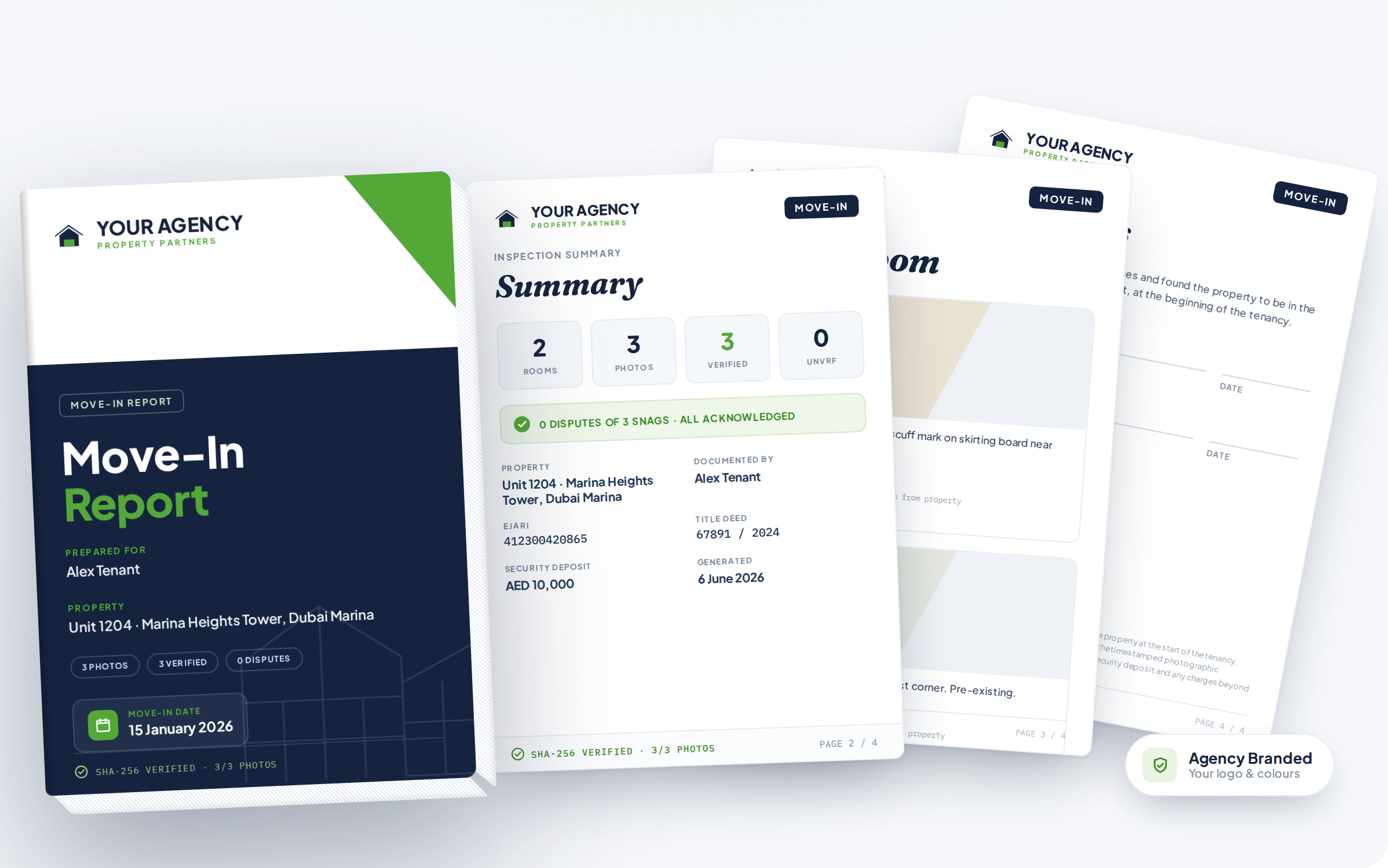 Sample property condition report — three pages of an agency-branded RentSnagr report fanned out, showing the cover, property overview, and itemised condition table.