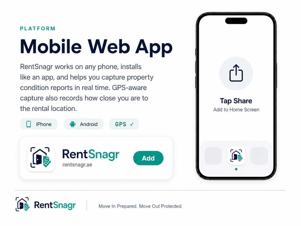 RentSnagr is a mobile web app that works on iPhone and Android with GPS-aware capture. Install it to your home screen by tapping Share, then Add to Home Screen.