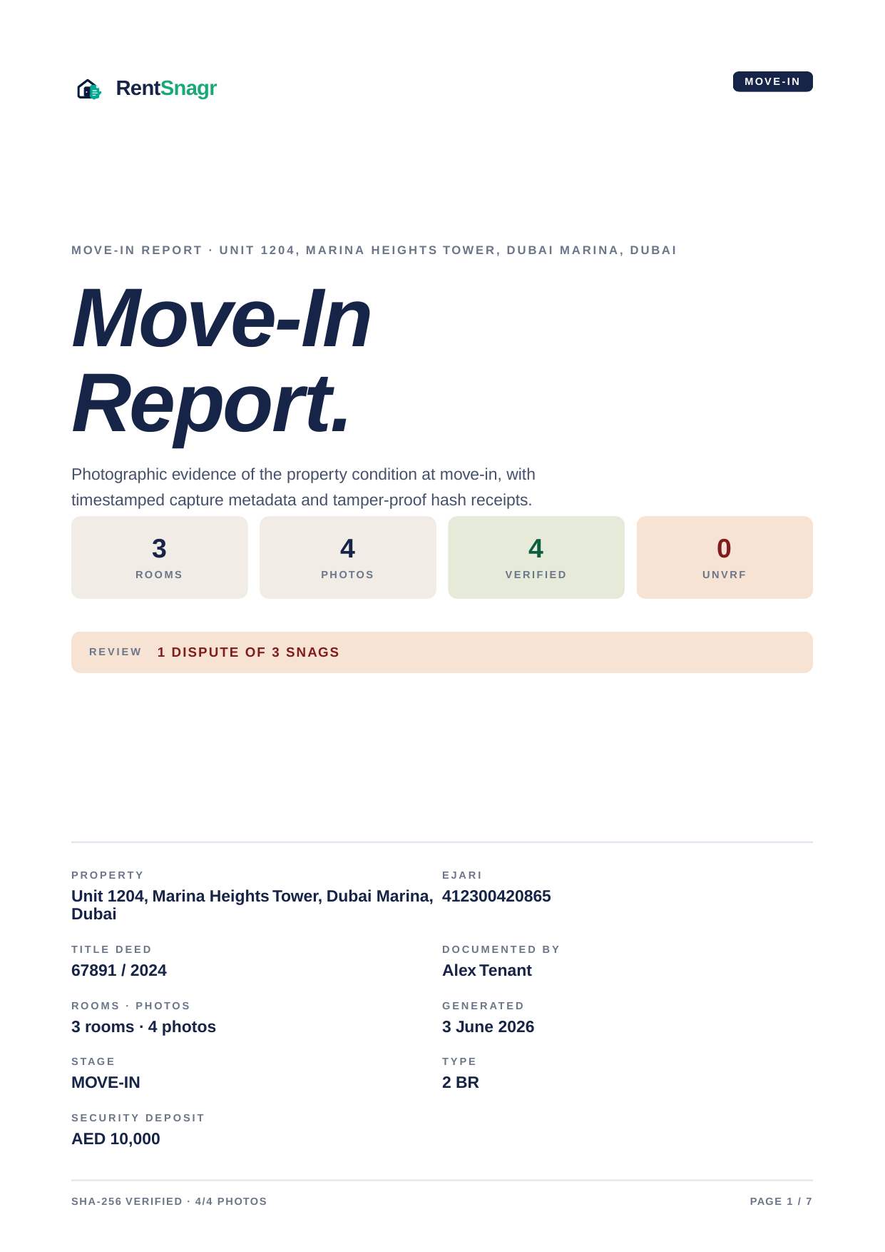 Top half of the sample RentSnagr property condition report cover — Move-In Report headline, metric boxes, and dispute review banner.